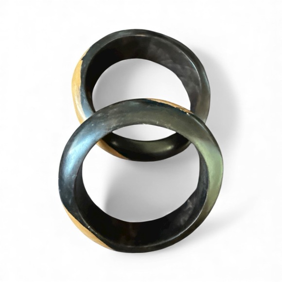 Set Of 2 Ebony Black Wood Bangle Bracelets 2-Tone Inlaid Boho Handmade 0.5"x6" - Picture 7 of 9